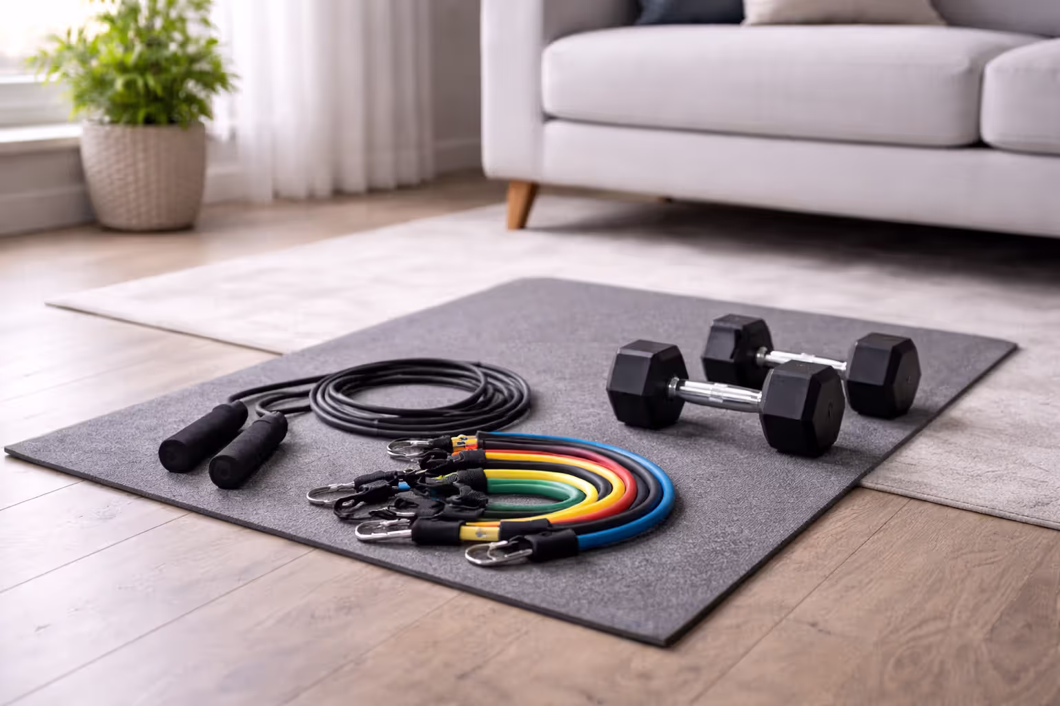Basic home cardio equipment including jump rope, bands, dumbbells and mat