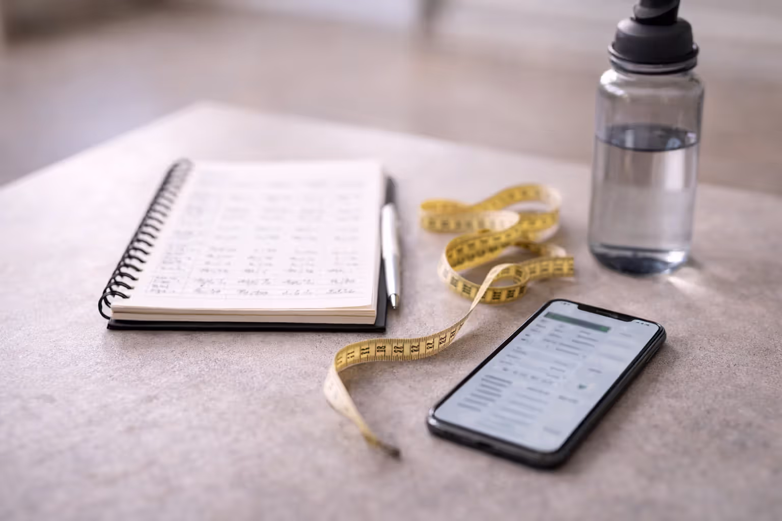 Workout log and measuring tape on a table for tracking fat loss progress