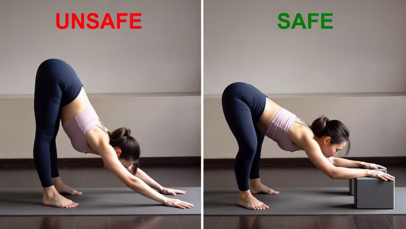 Side-by-side comparison of improper and properly modified forward fold.
