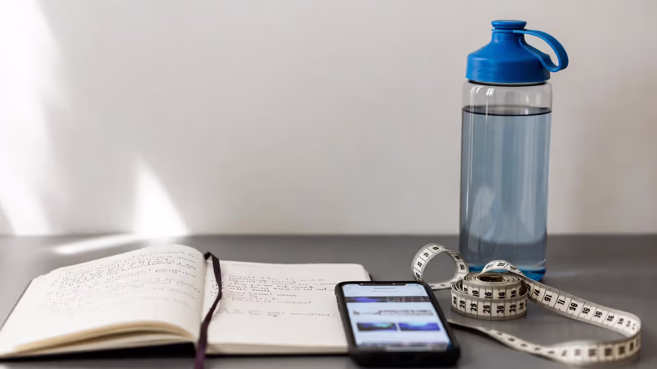 Notebook with blurred workout notes, smartphone fitness app, measuring tape, and water bottle on a desk.