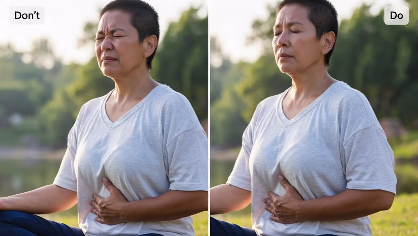 Side-by-side image showing breath-holding strain versus a modified pose with steady breathing.