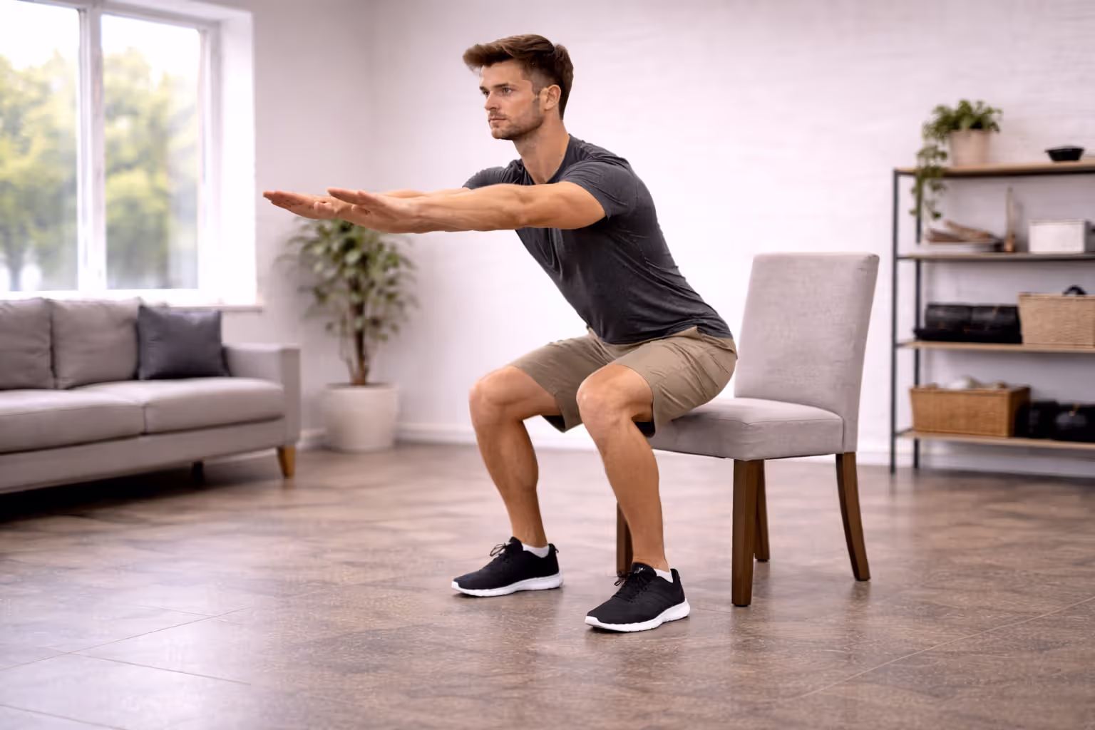 Person performing a chair squat with knees tracking over toes in a home setting