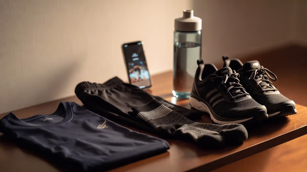 Workout clothes and water bottle prepared the night before for a morning routine