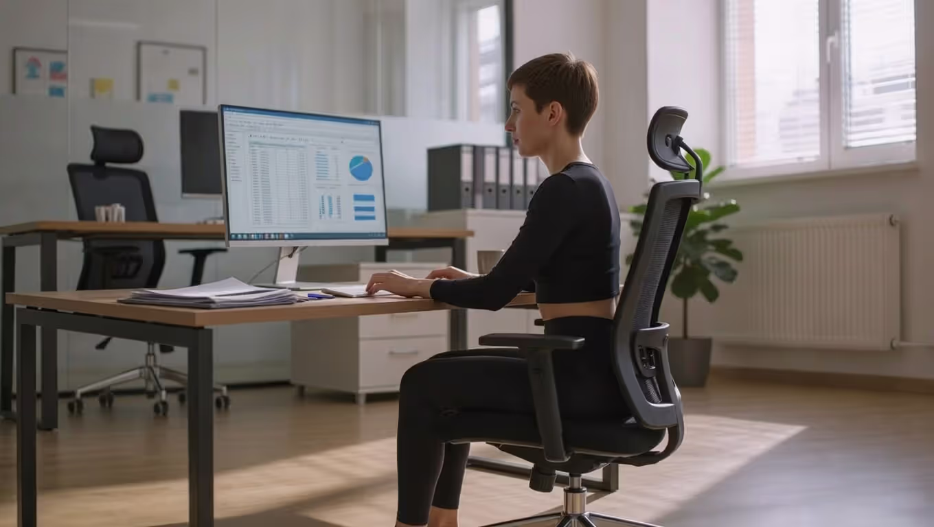 Timeline graphic outlining a 15-minute office posture yoga routine with sections and exercises.