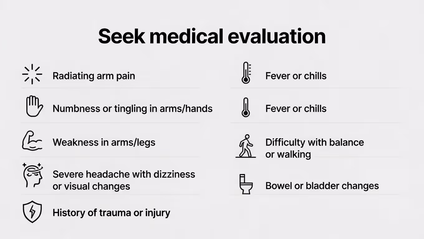 Infographic listing red-flag symptoms that require medical evaluation for neck pain.
