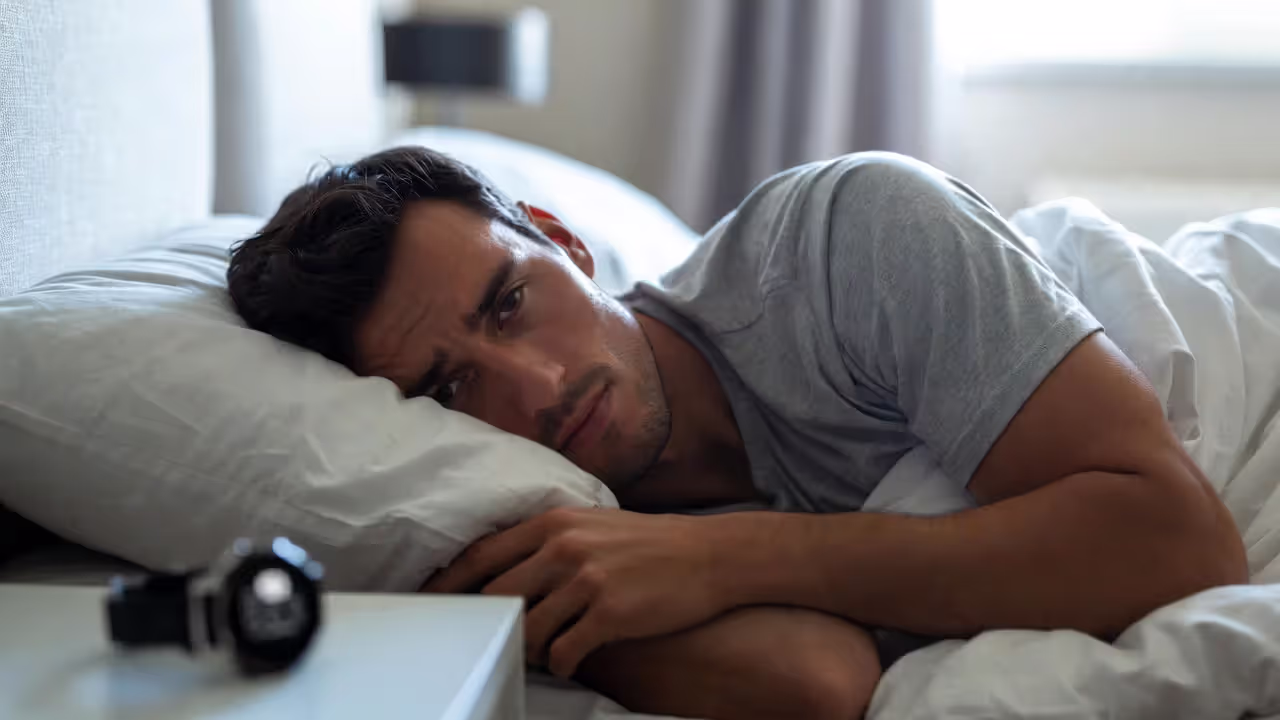 Tired athlete lying awake during the day showing signs of fatigue and poor recovery