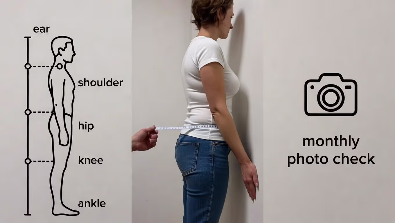 Visual guide showing posture benchmarks: plumb line alignment and wall test lumbar gap.
