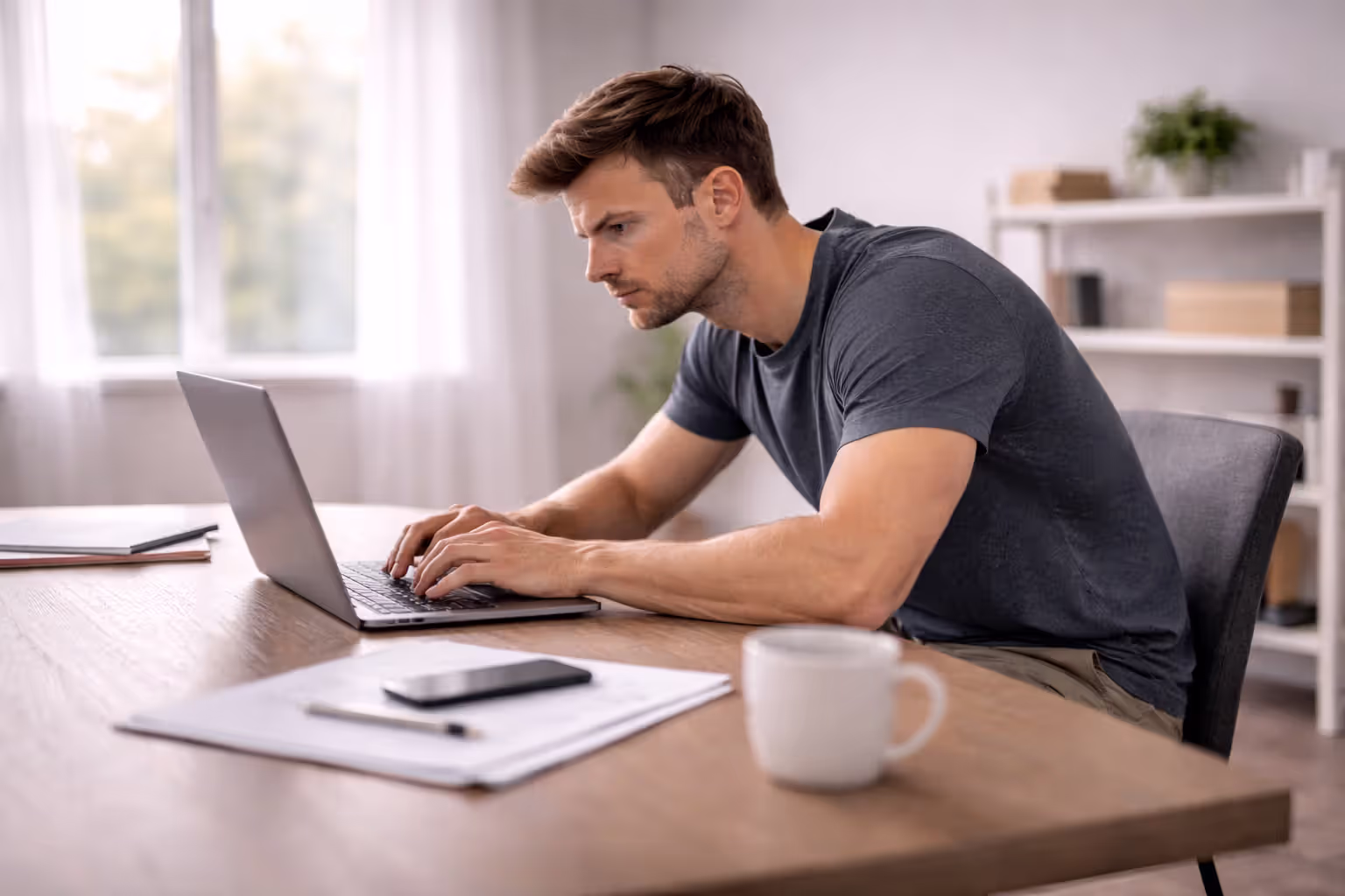 Slouched desk posture with forward head and rounded shoulders