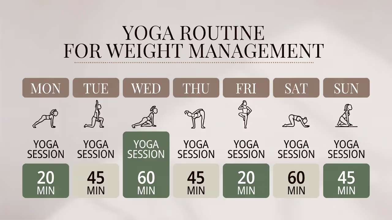 Sample weekly calendar showing yoga and cardio sessions with durations for weight management.