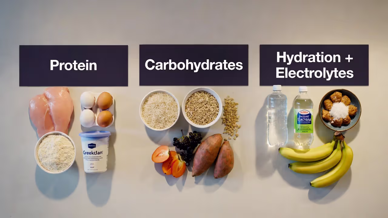Three-panel graphic showing protein foods, carbohydrate foods, and hydration/electrolyte sources for recovery.