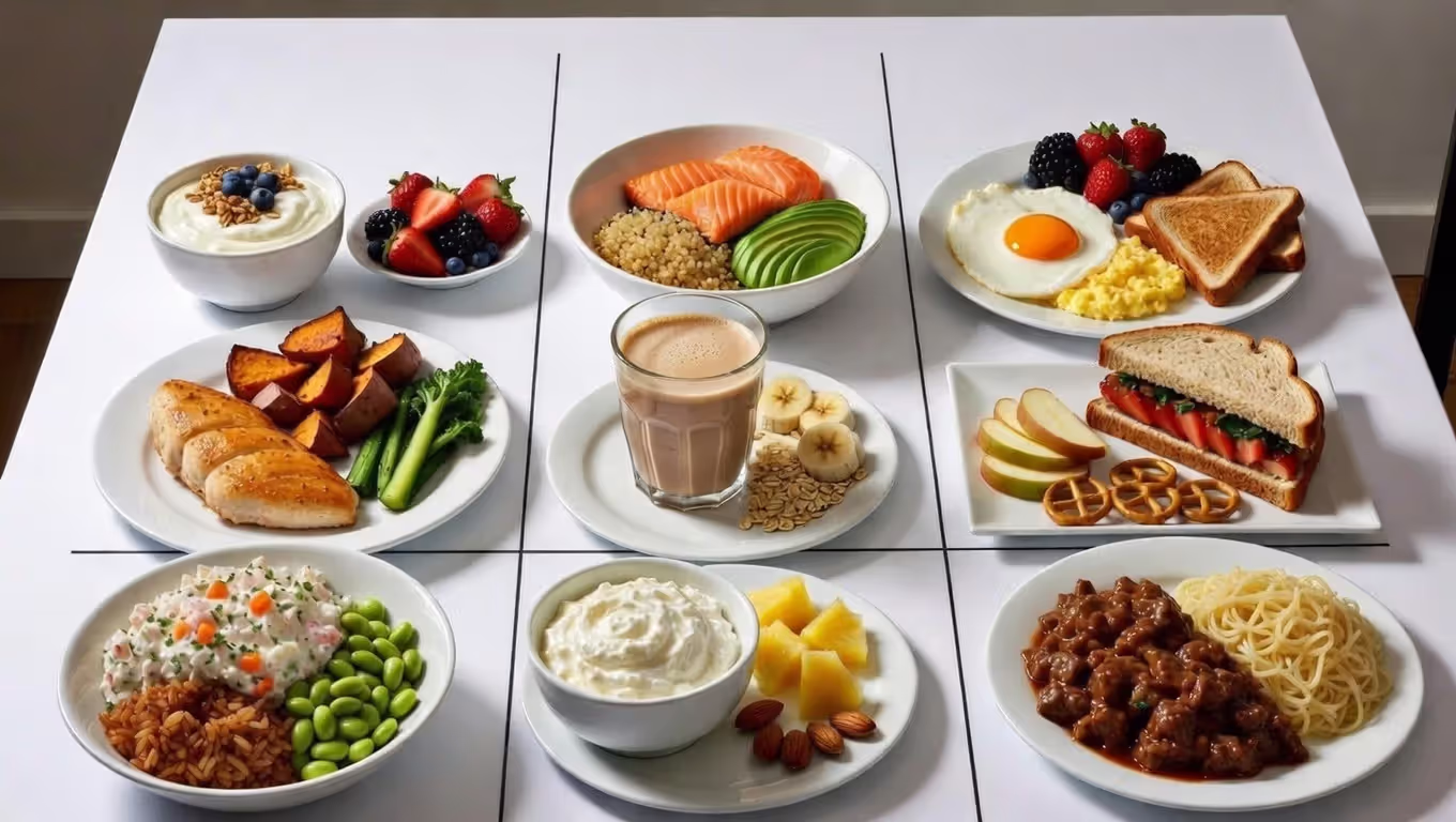 post-workout meal options with approximate protein and carbohydrate amounts.