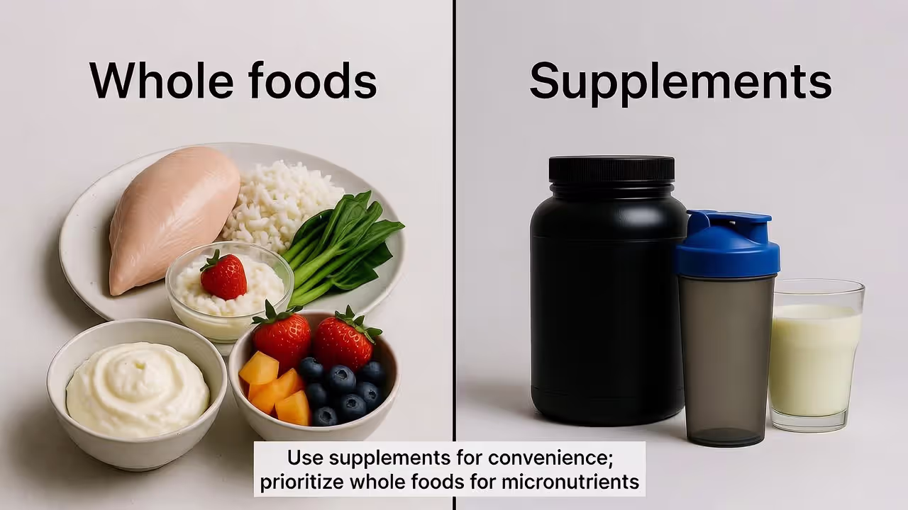 Side-by-side comparison of whole foods versus supplements for post-workout recovery.