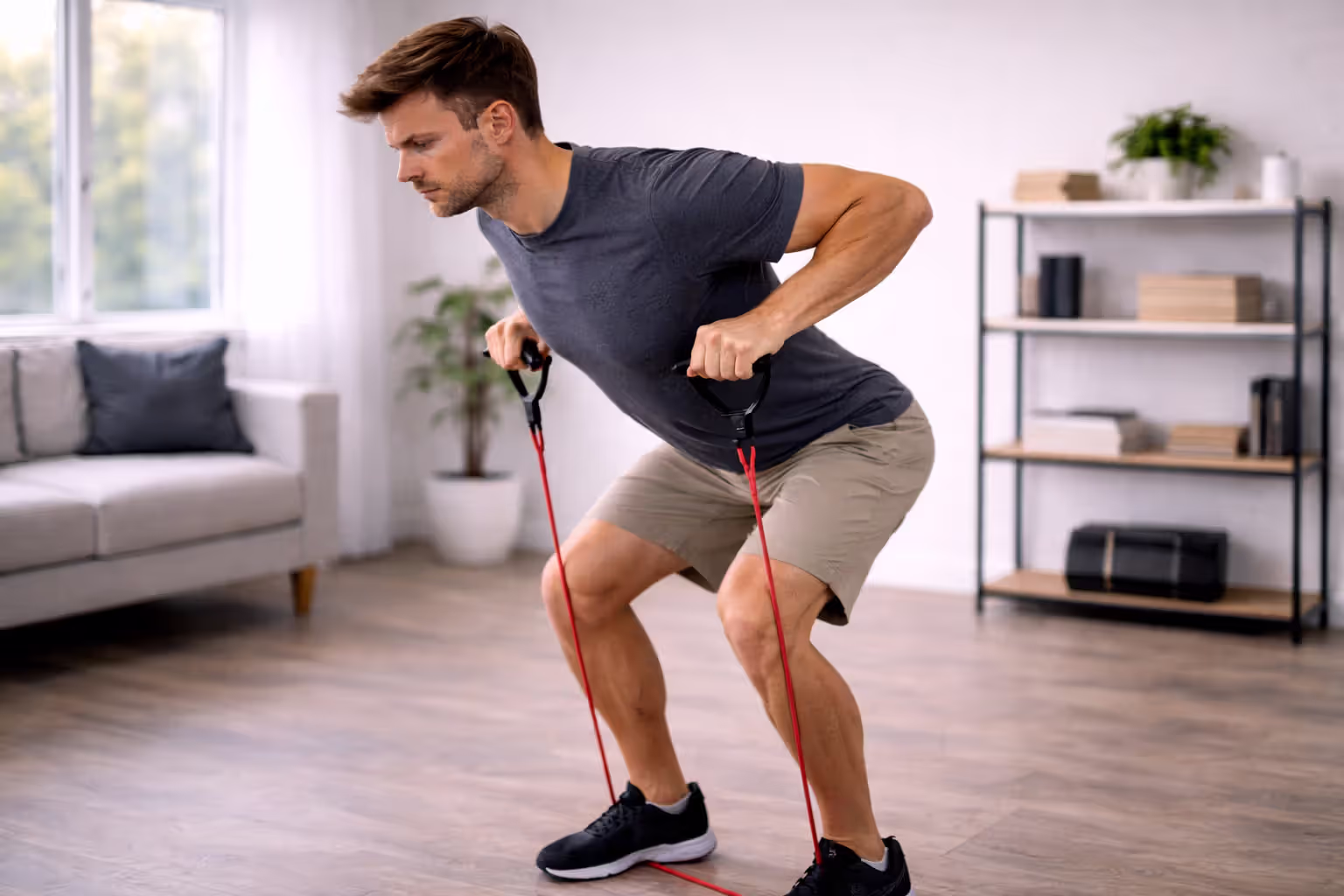 Person performing a bent-over row with a resistance band under the feet in a home setting