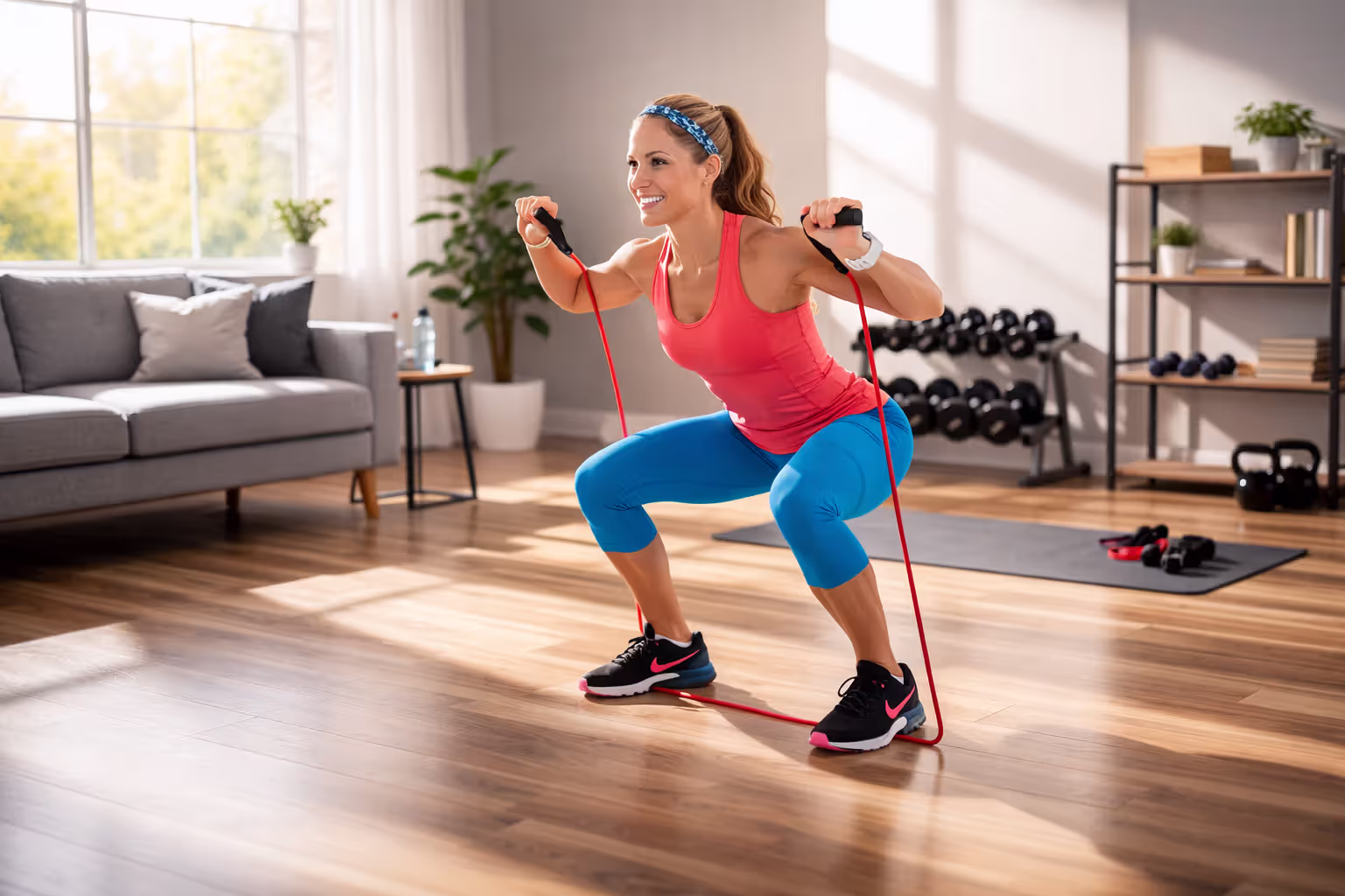 Person performing a resistance band squat with handles at shoulder level