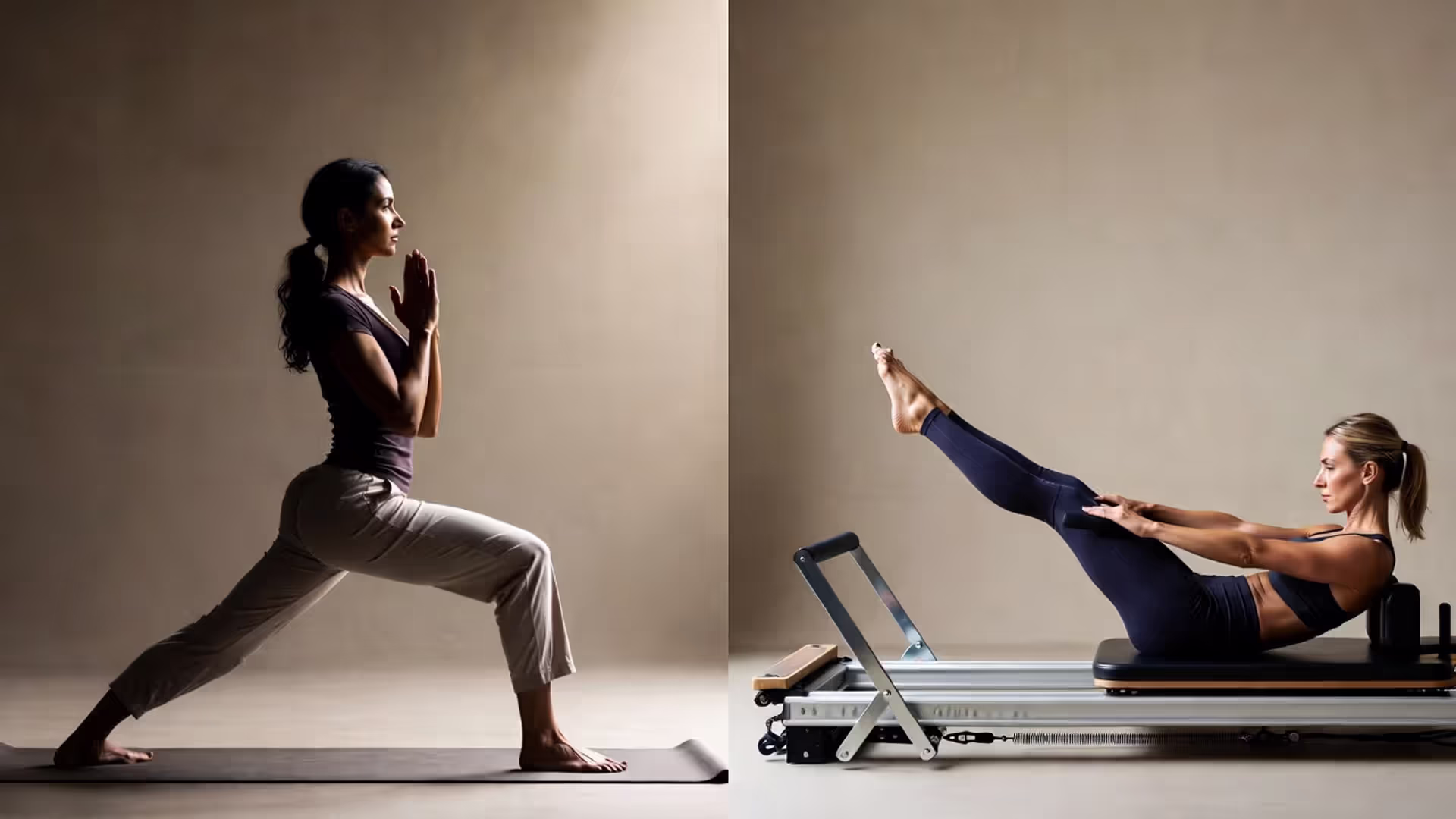 Split image comparing a person holding Warrior II in yoga and a person using a Pilates reformer.