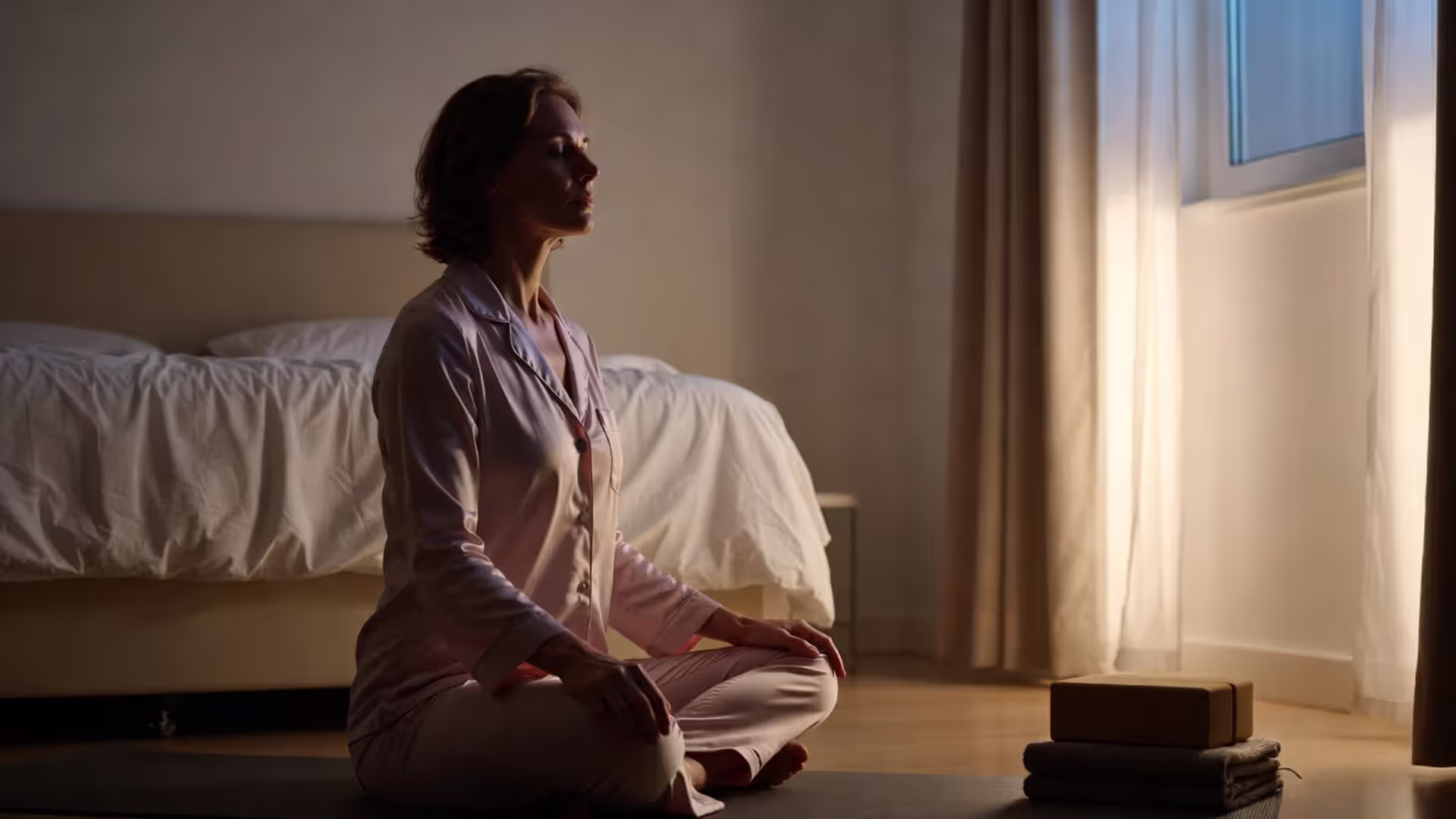 Person seated on a yoga mat at home with yoga blocks and a folded blanket, preparing for a calming practice.