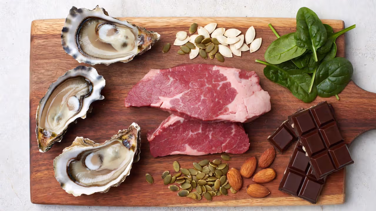 Foods rich in zinc and magnesium including oysters, beef, pumpkin seeds, spinach, almonds, and dark chocolate