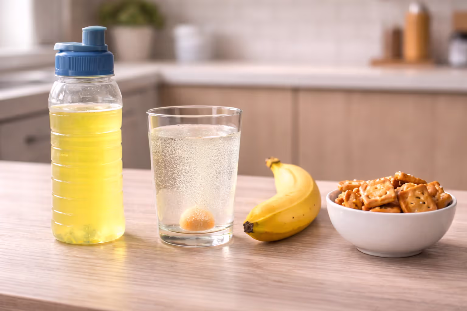 Sports drink, electrolyte tablet in water, banana, and salted snacks on table