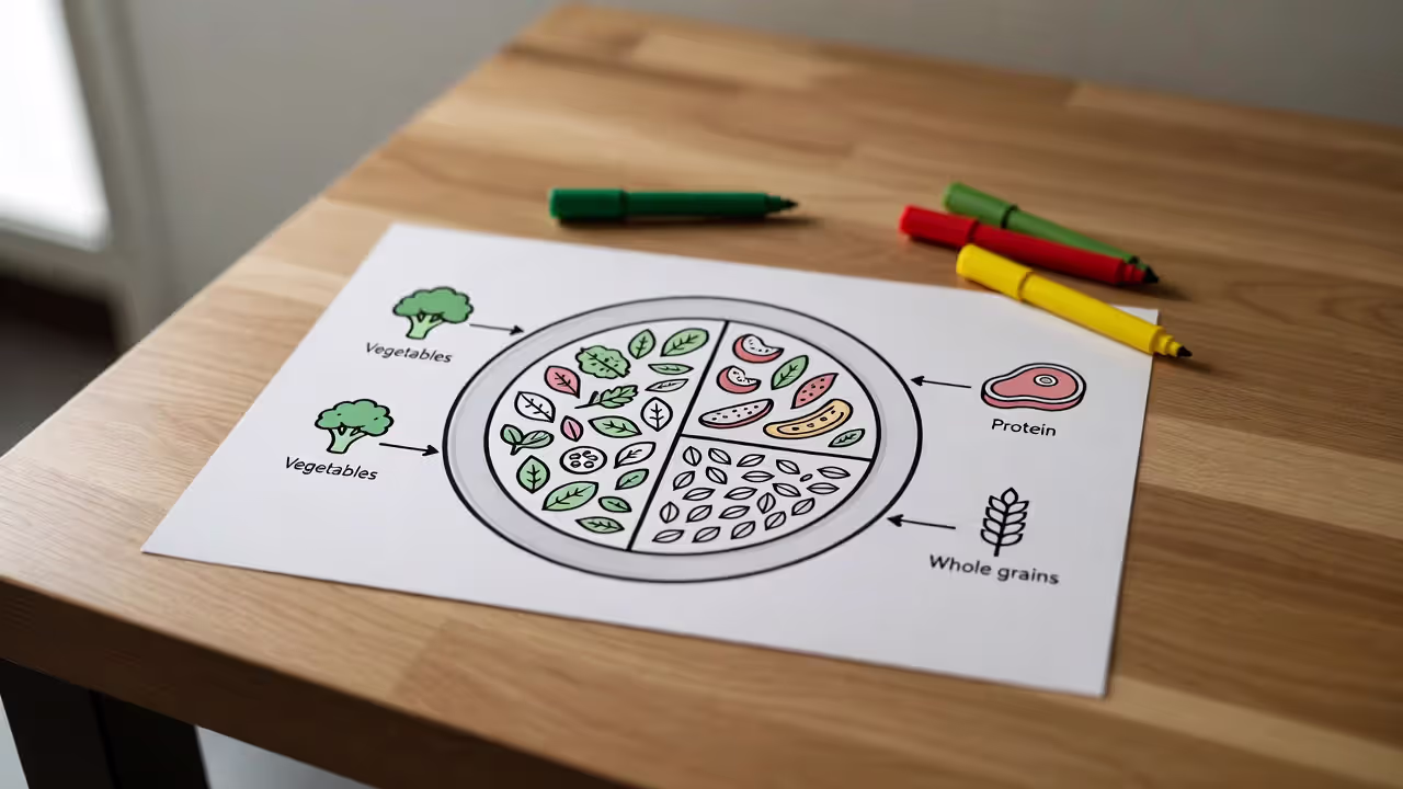 Paper-style diagram of a balanced anti-inflammatory plate split into vegetables, protein, and whole grains with simple icons