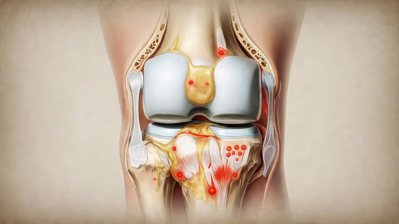 Anatomical illustration of a knee joint showing cartilage and inflammation effects.
