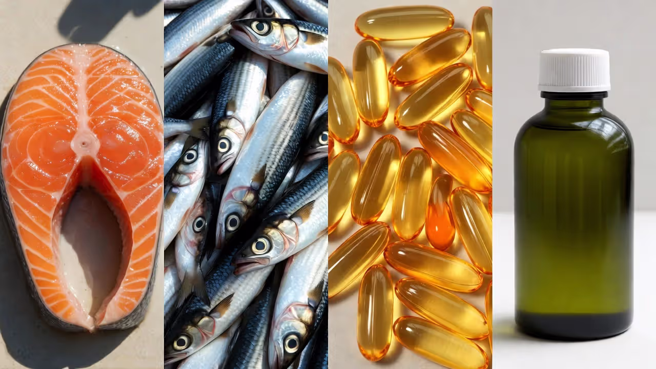 Comparison of salmon, sardines, fish oil capsules, and algae oil as omega-3 sources.