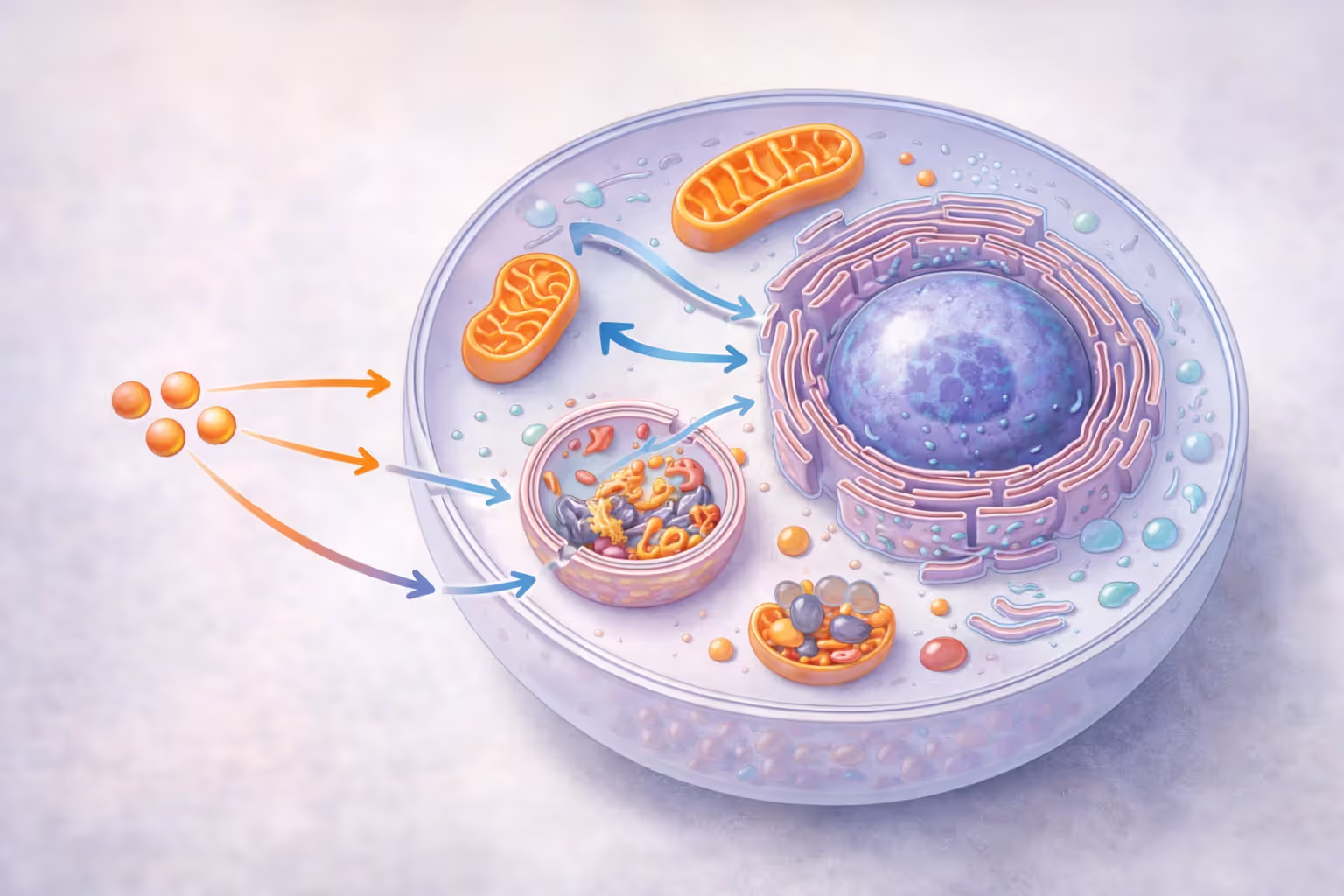 Scientific illustration of a cell showing mitochondria and autophagy process with signaling pathways