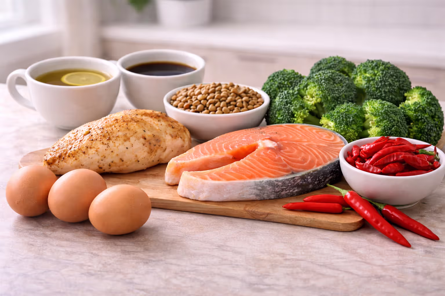 High-protein and thermogenic foods including chicken, salmon, eggs, lentils, broccoli, chili peppers, green tea, and coffee