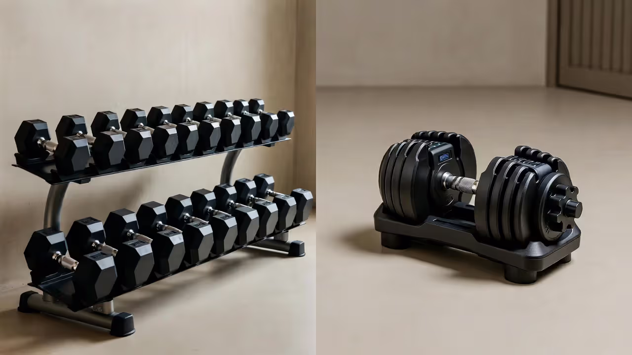 Adjustable dumbbells save space and money.