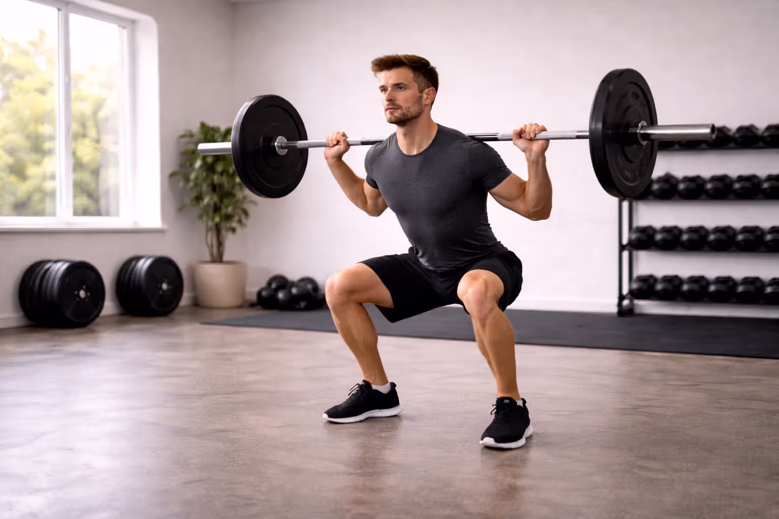 Person performing a weighted squat with proper form in a gym setting