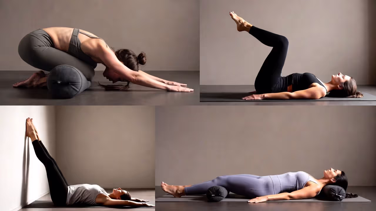 Collage of four supported yoga poses used for chronic pain relief.