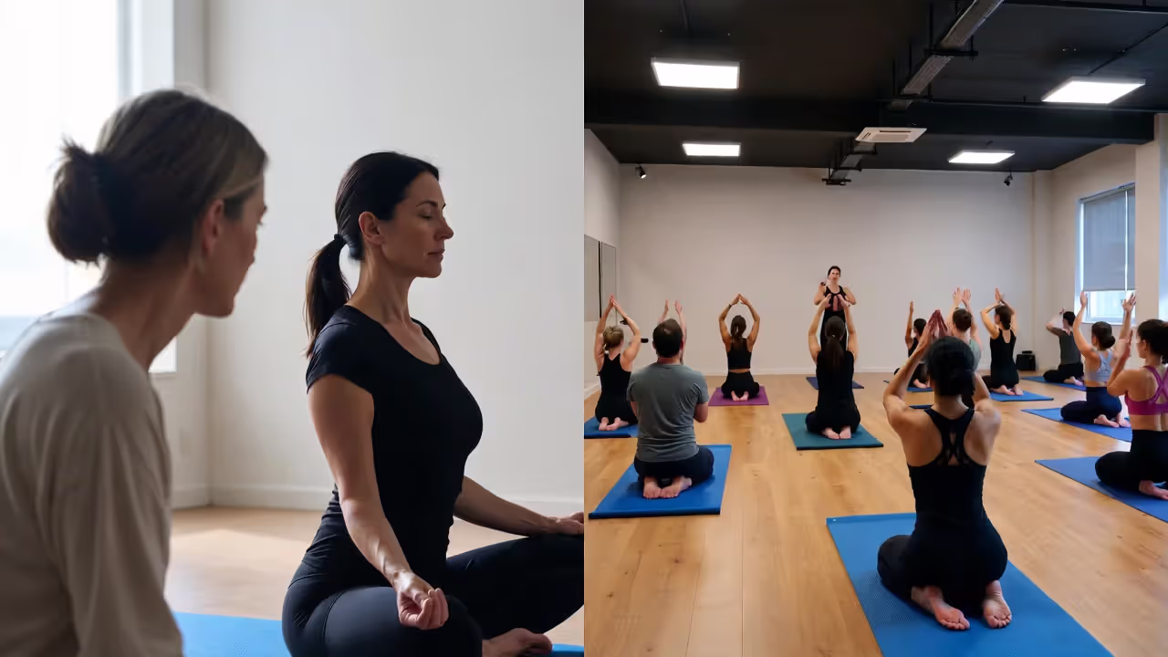 Comparison of private yoga therapy session and group yoga class.