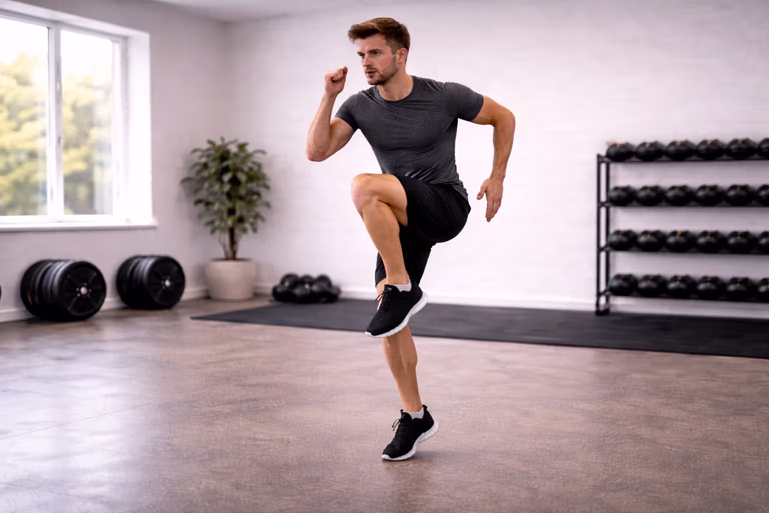 Person performing a high-intensity interval exercise in a clean training environment.