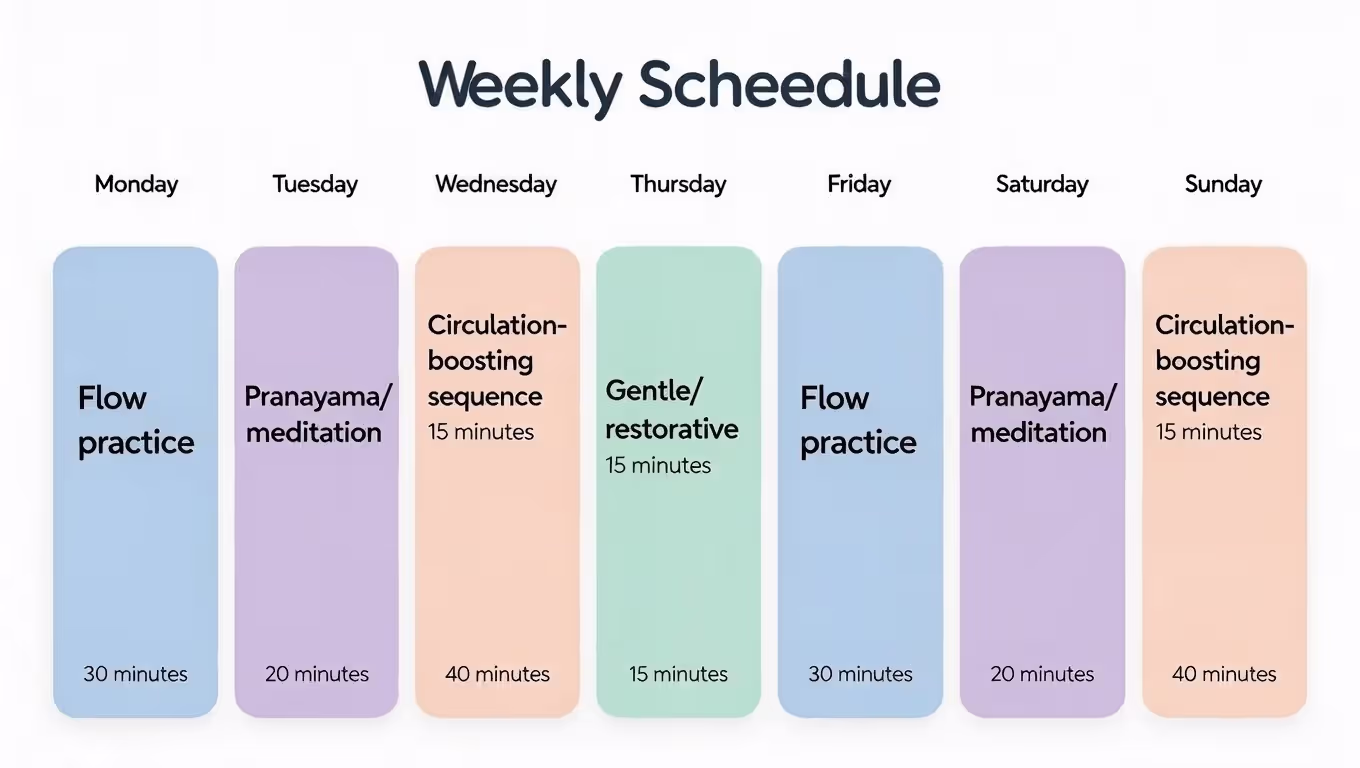 Weekly calendar graphic showing yoga sessions and breathing practice durations for heart health.