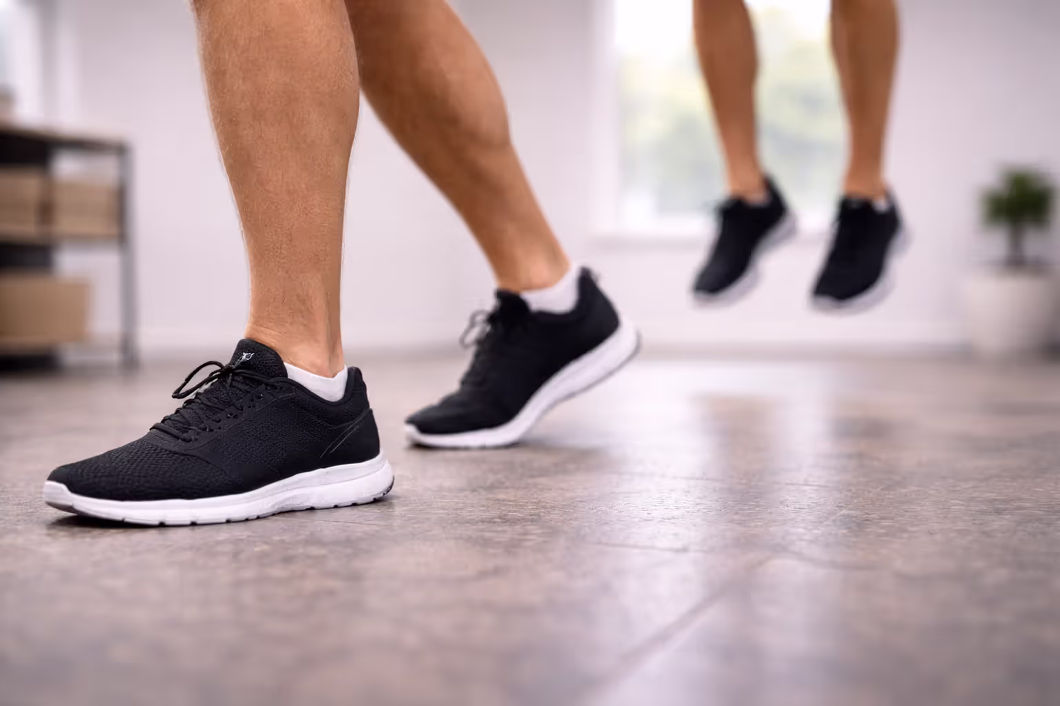 Foot-on-ground walking contact contrasted with a blurred jump landing in the background