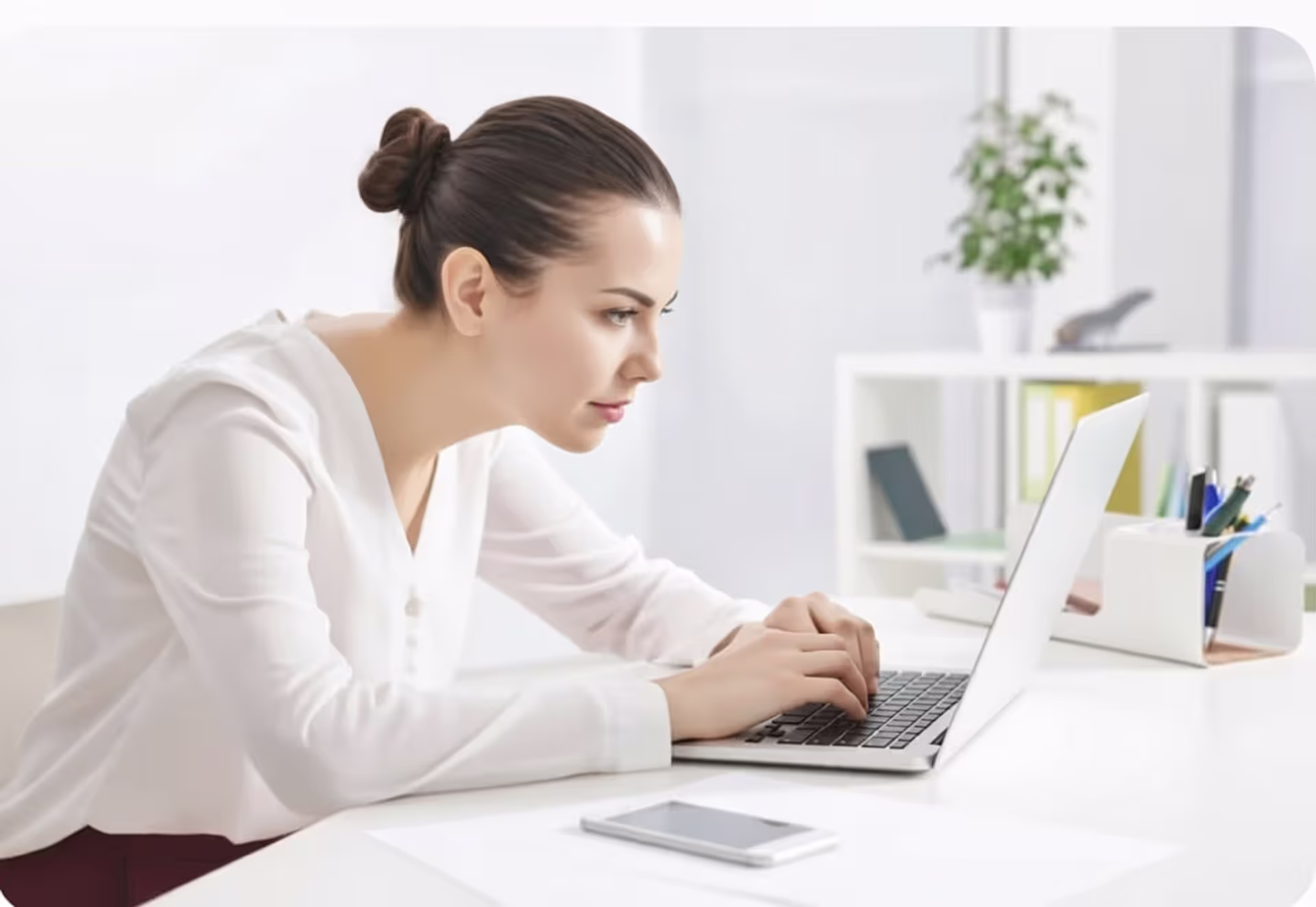Desk worker shown with forward head posture and a comparison outline of corrected neck alignment.