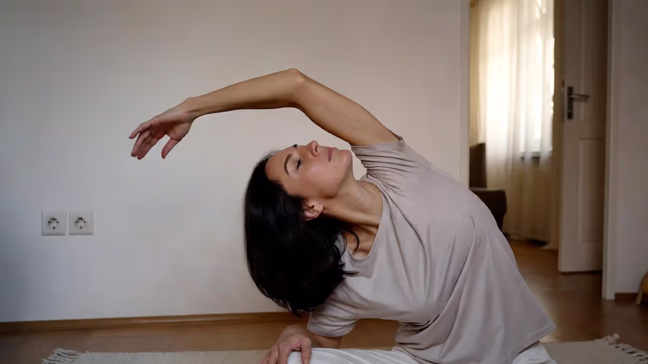 Person doing gentle stretching at home as part of recovery from intense training