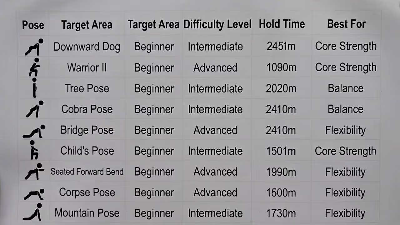 Graphic summarizing eight sleep-focused yoga poses with target areas and recommended hold times.