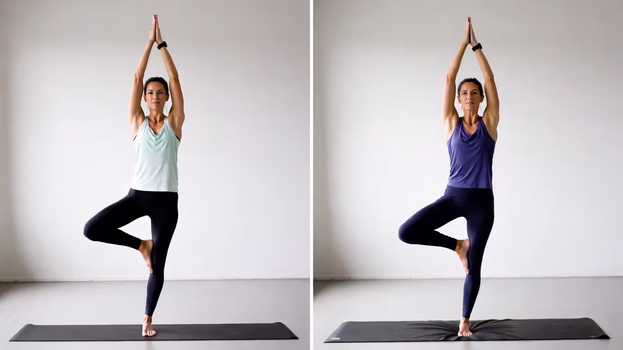 Realistic horizontal 16:9 photo; split-scene composition in one frame: left shows a person in Tree Pose on a thin, firm mat; right shows the same pose on a thick plush mat with a slightly “sinking” foot impression; neutral studio; soft daylight; no text or labels; no logos.
