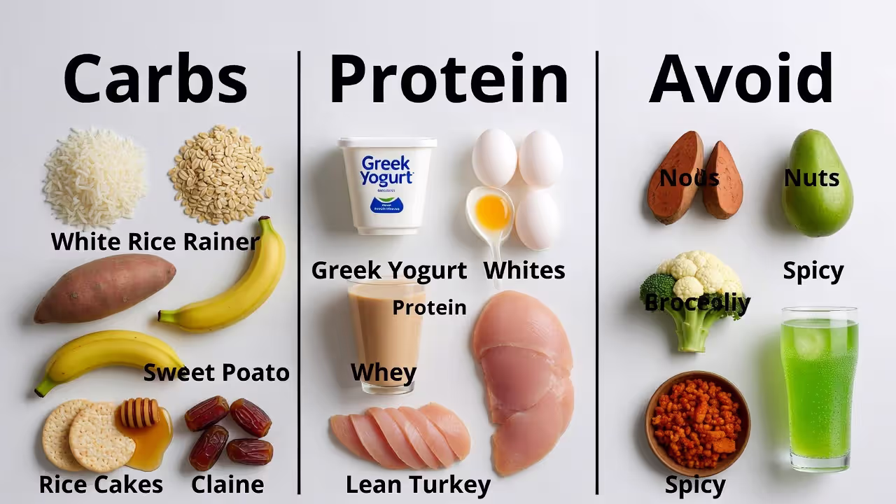 Food grid listing good pre-workout carbs and proteins and foods to avoid before training.