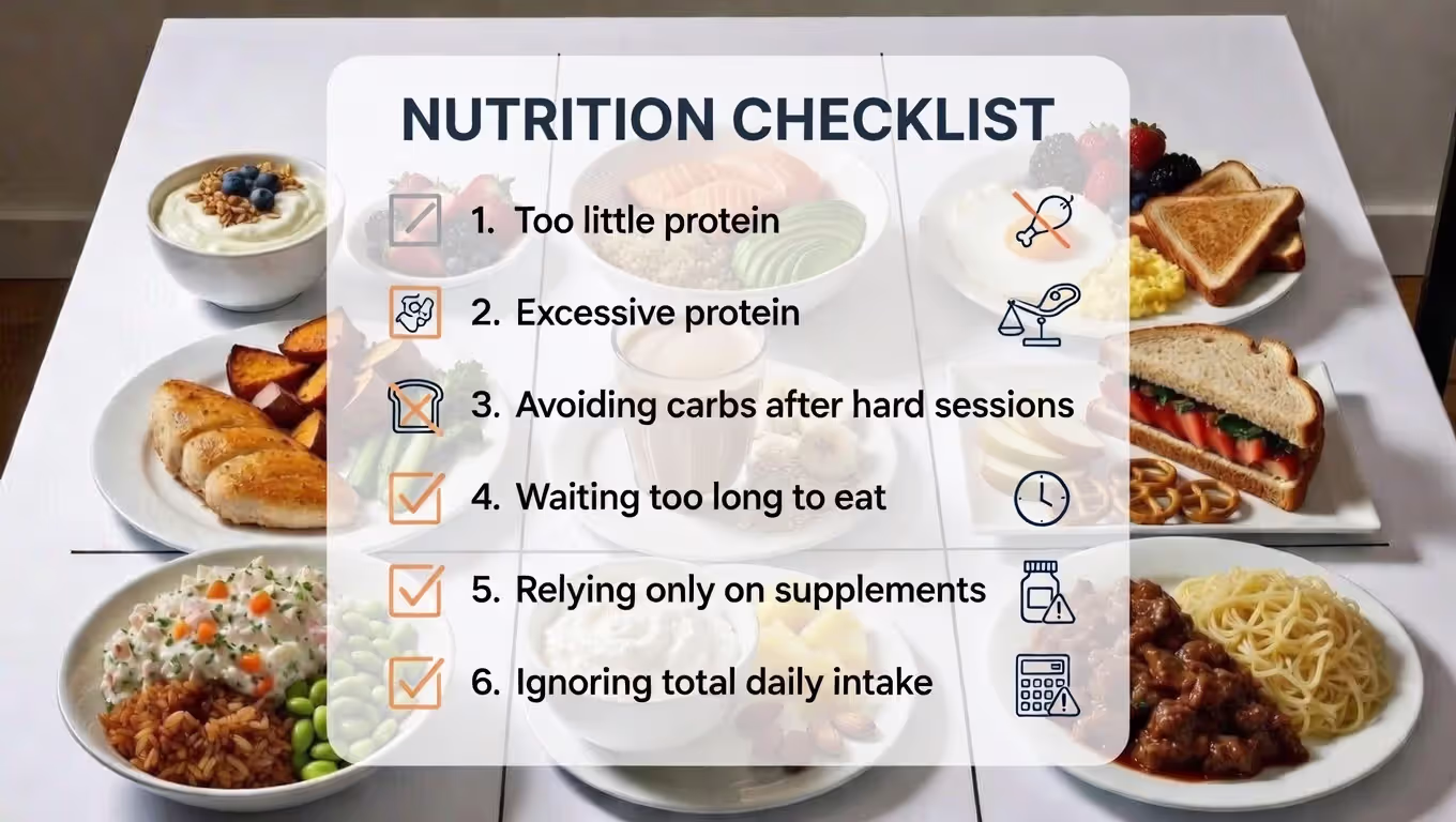 Checklist graphic of common post-workout nutrition mistakes.
