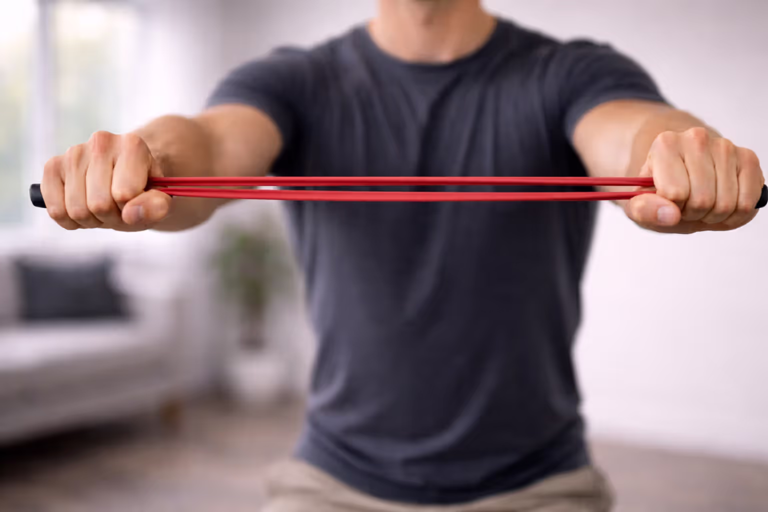 Close-up of resistance band stretched tightly between hands showing peak tension