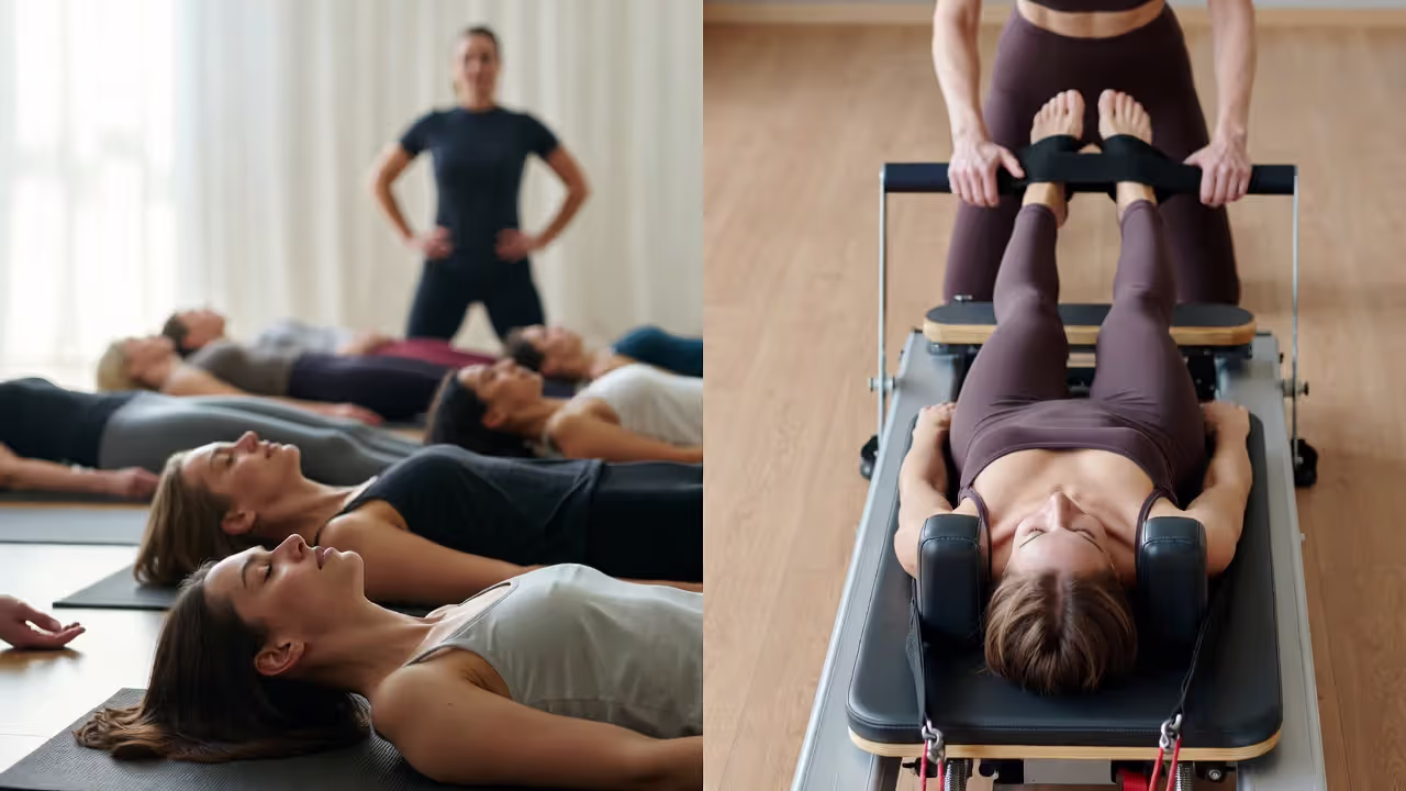 Yoga savasana relaxation compared with a Pilates reformer session focused on controlled movement and instruction.
