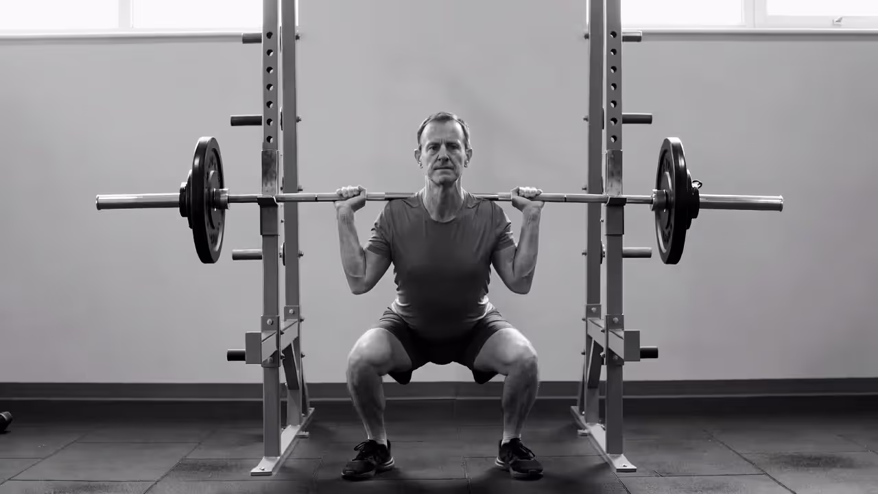 Person performing a barbell squat with proper form in a well-lit gym