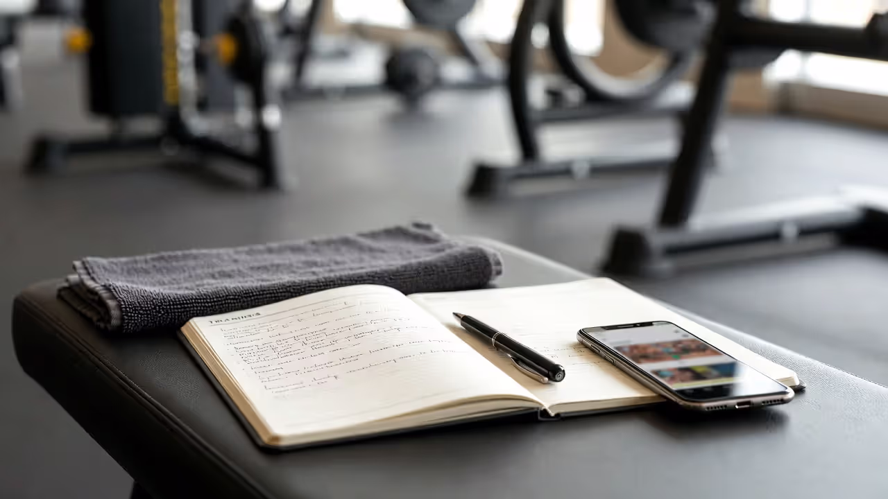 Open workout journal and smartphone on a gym bench after strength training session