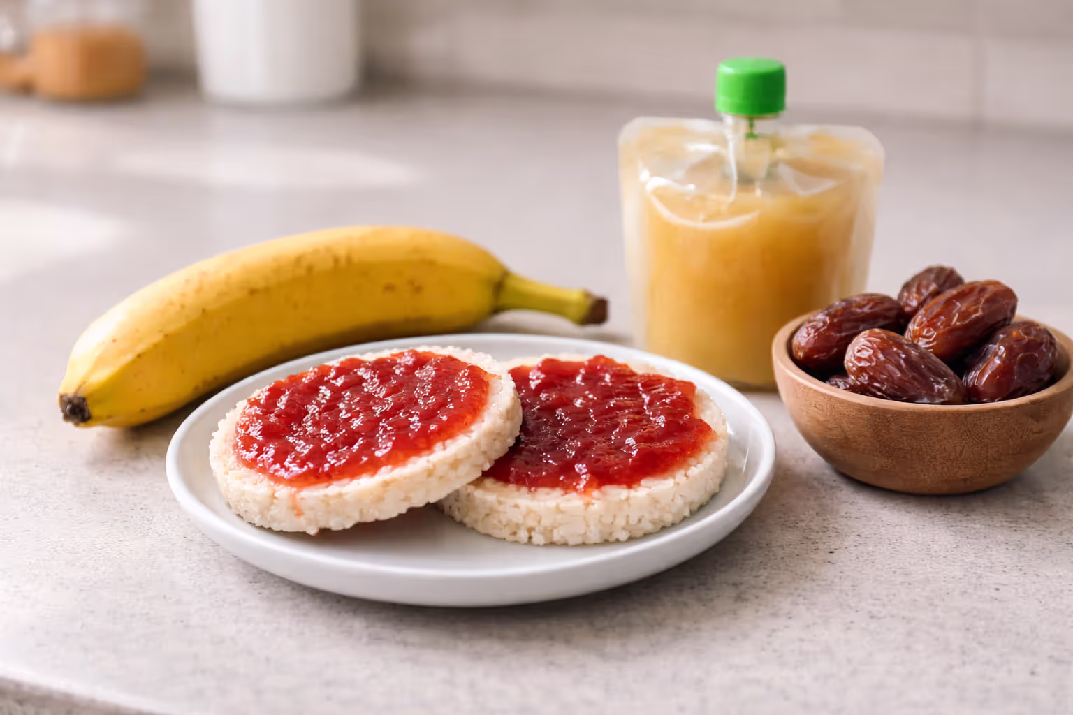 Assortment of quick pre-workout snacks including banana, rice cakes with jam, applesauce, and dates