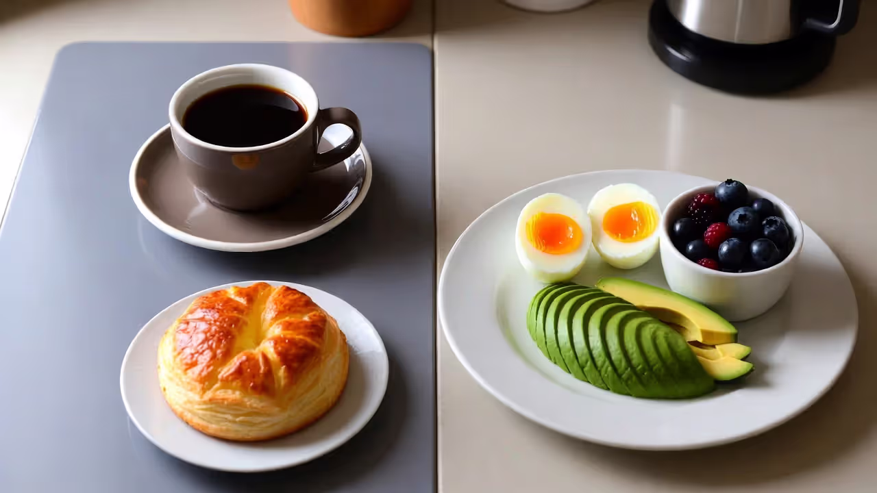 Comparison of coffee and pastry versus protein-rich breakfast with eggs, avocado, and berries