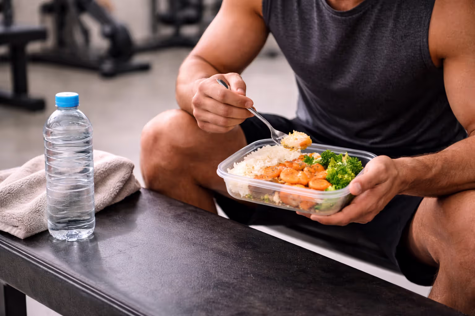 Athlete eating a post-workout meal of rice and salmon in a gym setting