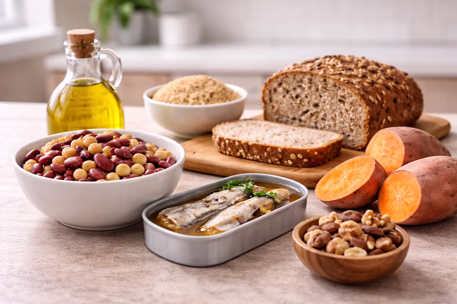Assortment of longevity-associated foods including beans, whole grains, olive oil, fish, sweet potatoes, and nuts