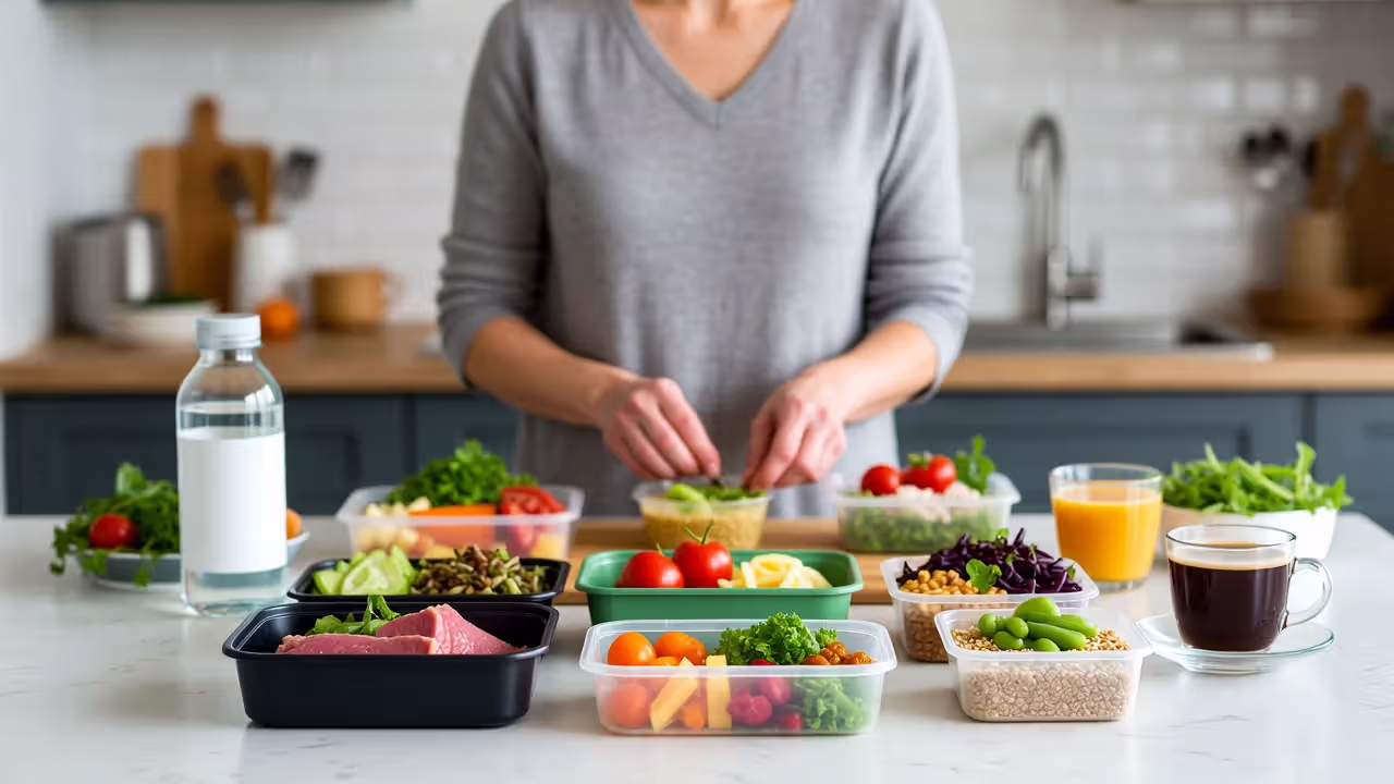 Person preparing balanced high-protein meals with vegetables and whole grains in a kitchen