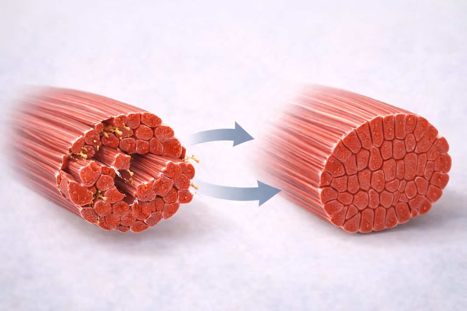 Cross-section of muscle fiber showing micro-tears and repair process